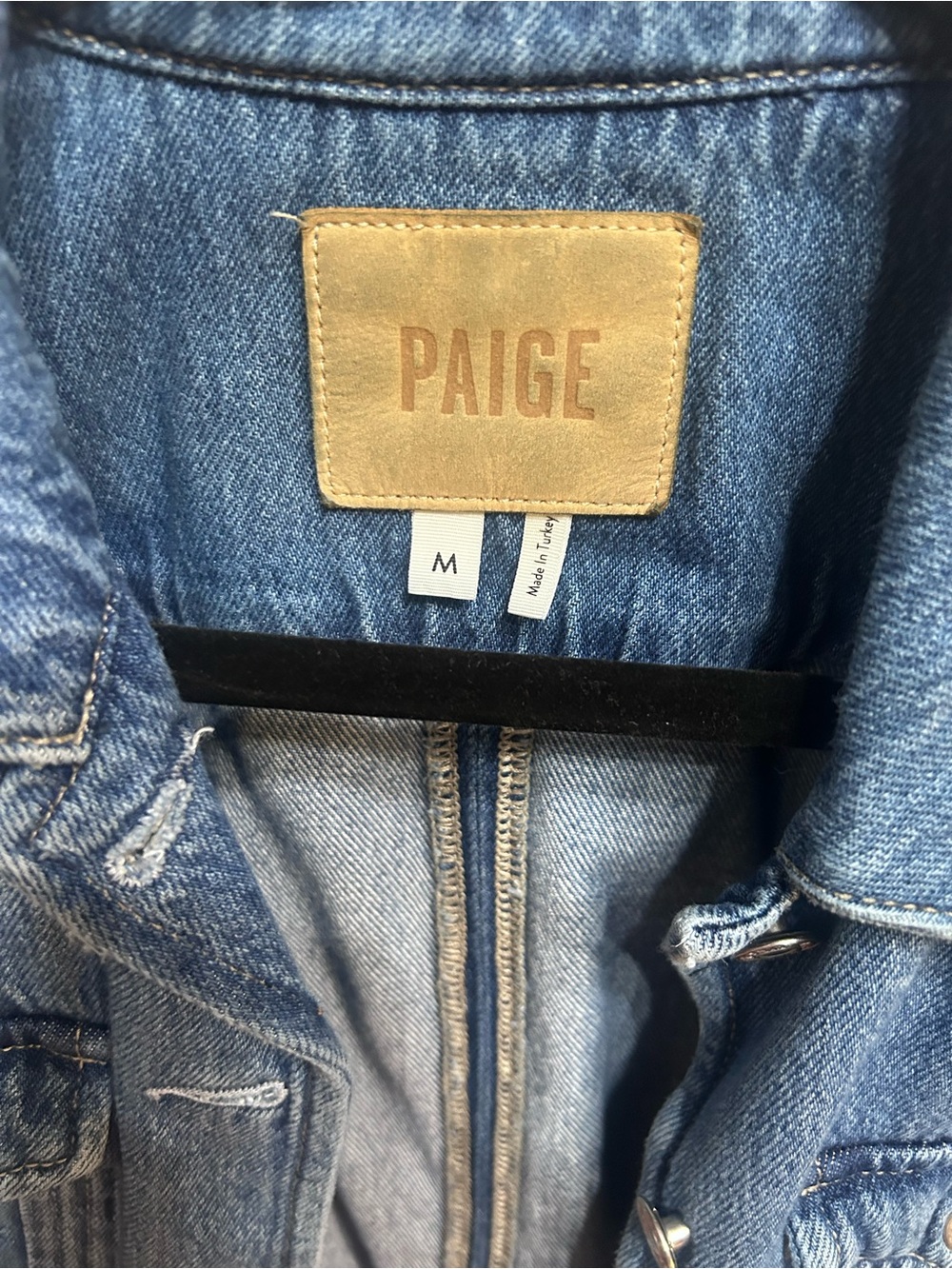 PAIGE Medium Blue Denim Jacket with Leather Logo Patch - Picture 3 of 4